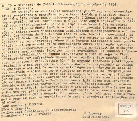 Expo Ilhota Carta de 23.10.1878 do Dr. Blumenau