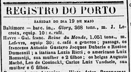 Saida do porto de Rio de Janeiro dia 19 de maio de 1861