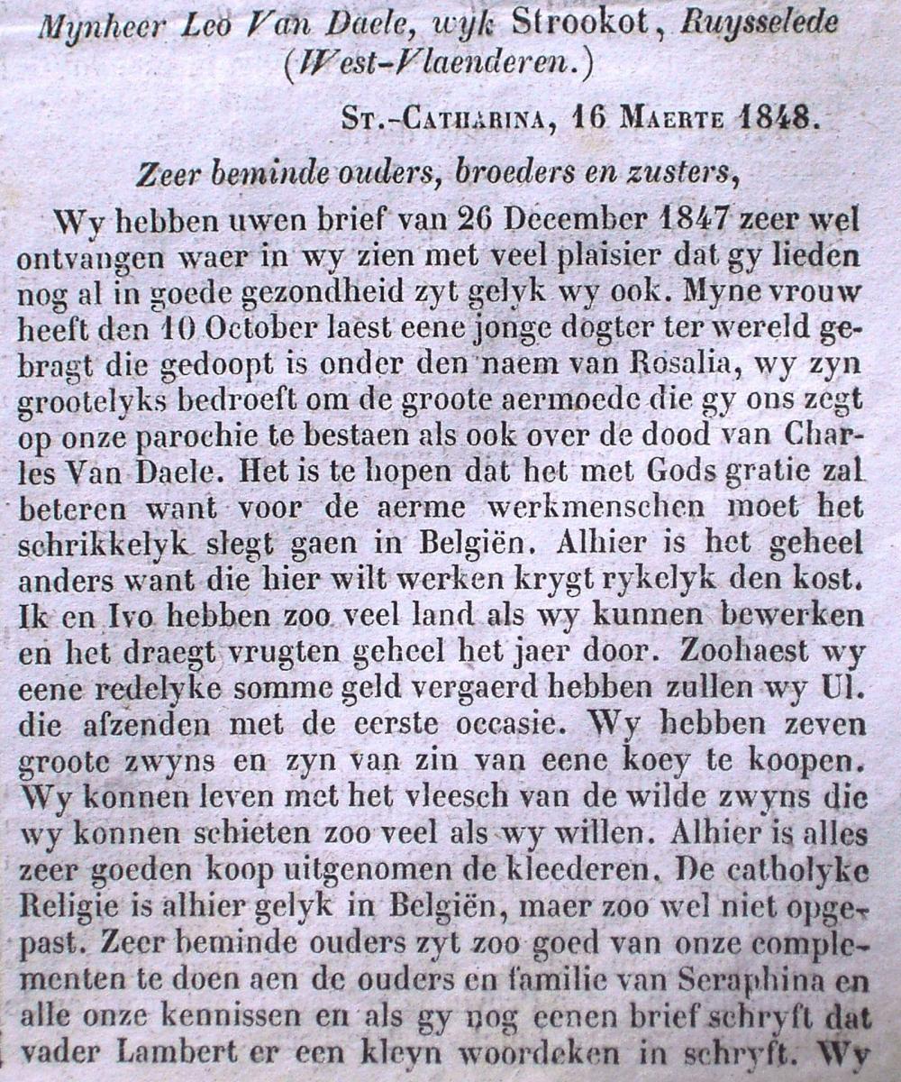 Carel Van Daele carta 1848.03.16