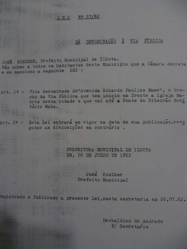 Maes denominação Rua Ricardo Maes em 1962